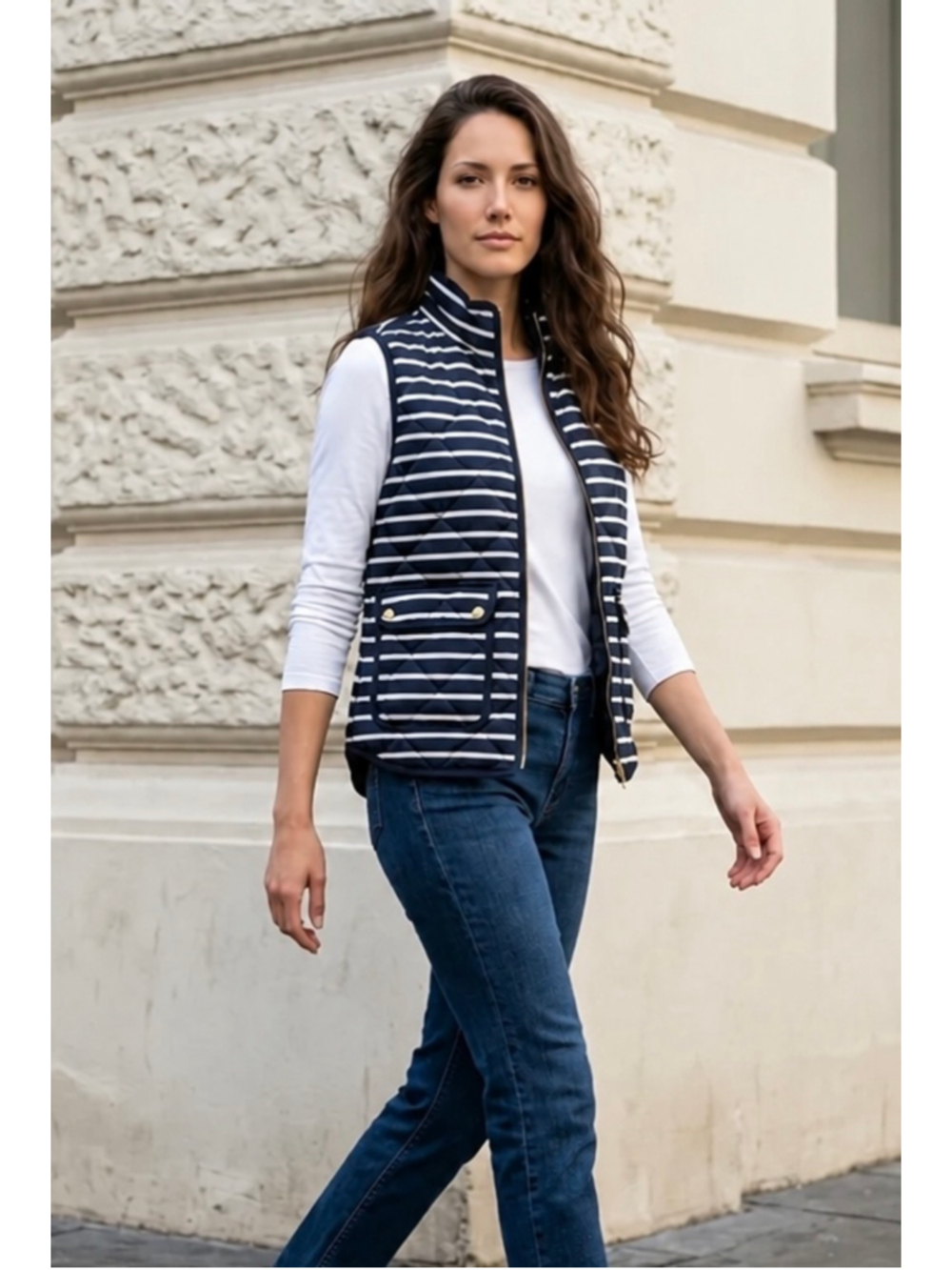 Ralph Lauren, Quilted Striped Vest Navy White Size M